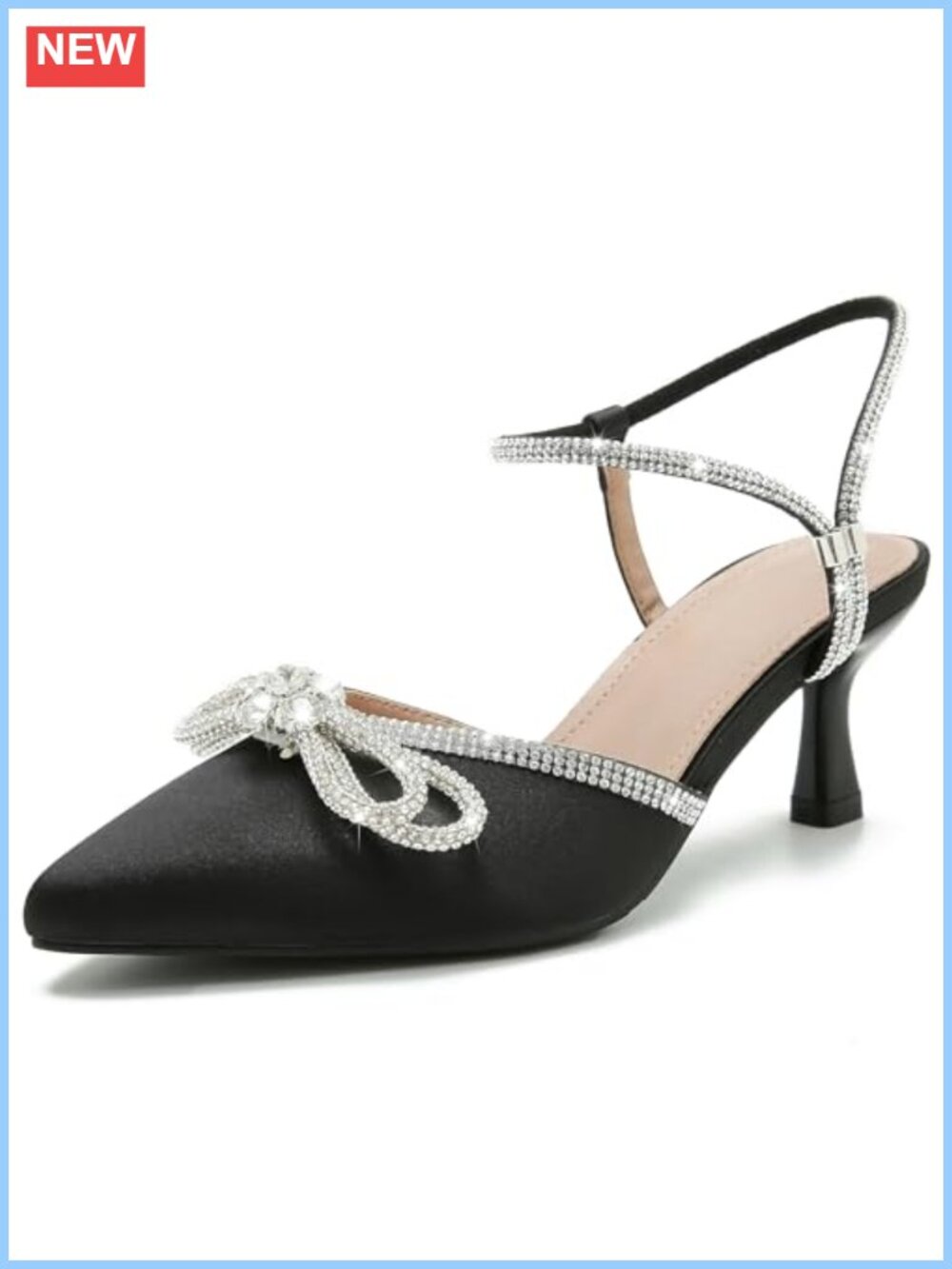 Peijely Rhinestone Bow Kitten Heel Slingback Pumps Pointed Toe Wedding Prom